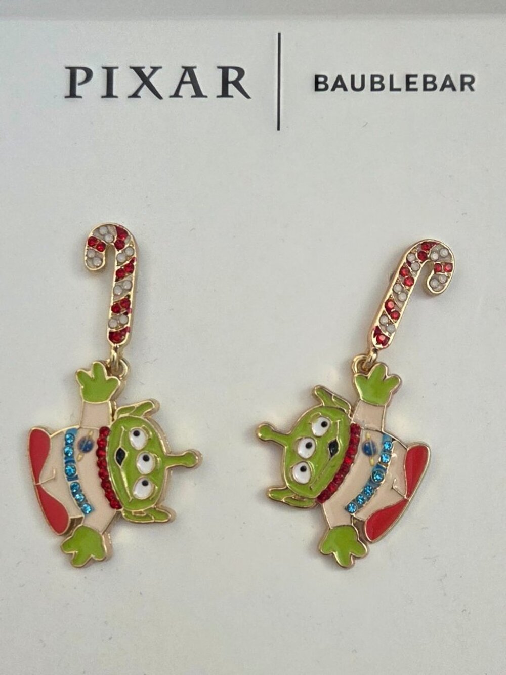 Pixar x BaubleBar Toy Story Alien Candy Cane Drop Earrings NWT Holiday
